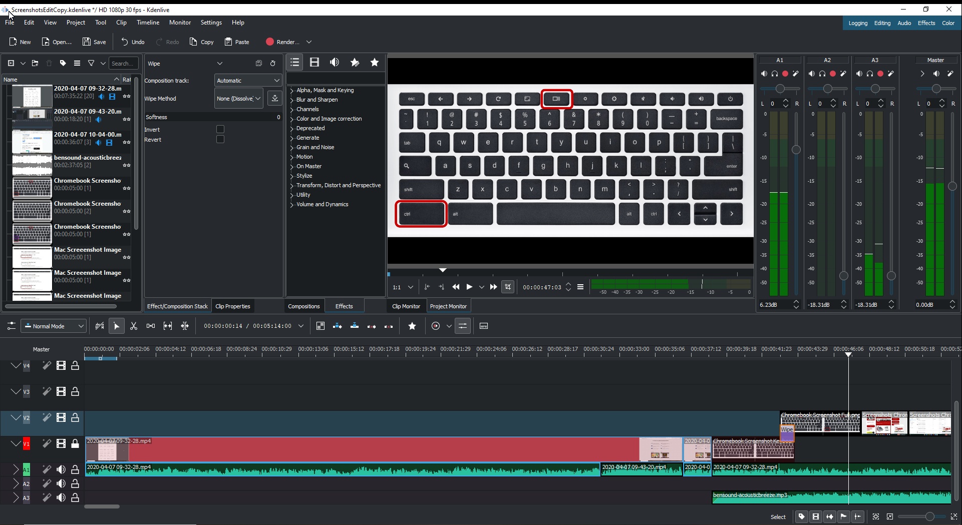 A screenshot showing the editing of the video in Kdenlive